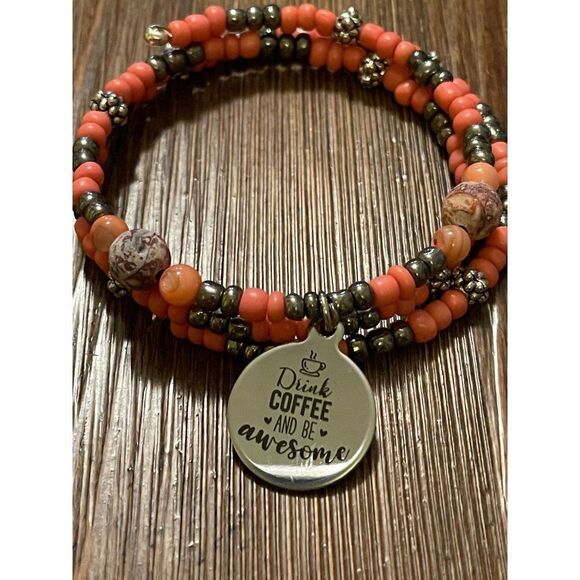Handmade Coral and gray beaded charm bracelet with Drink Coffee and be awesome - Picture 3 of 4